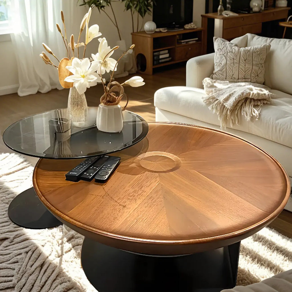 Table basse gigogne ronde en bois brun avec base en acier noir