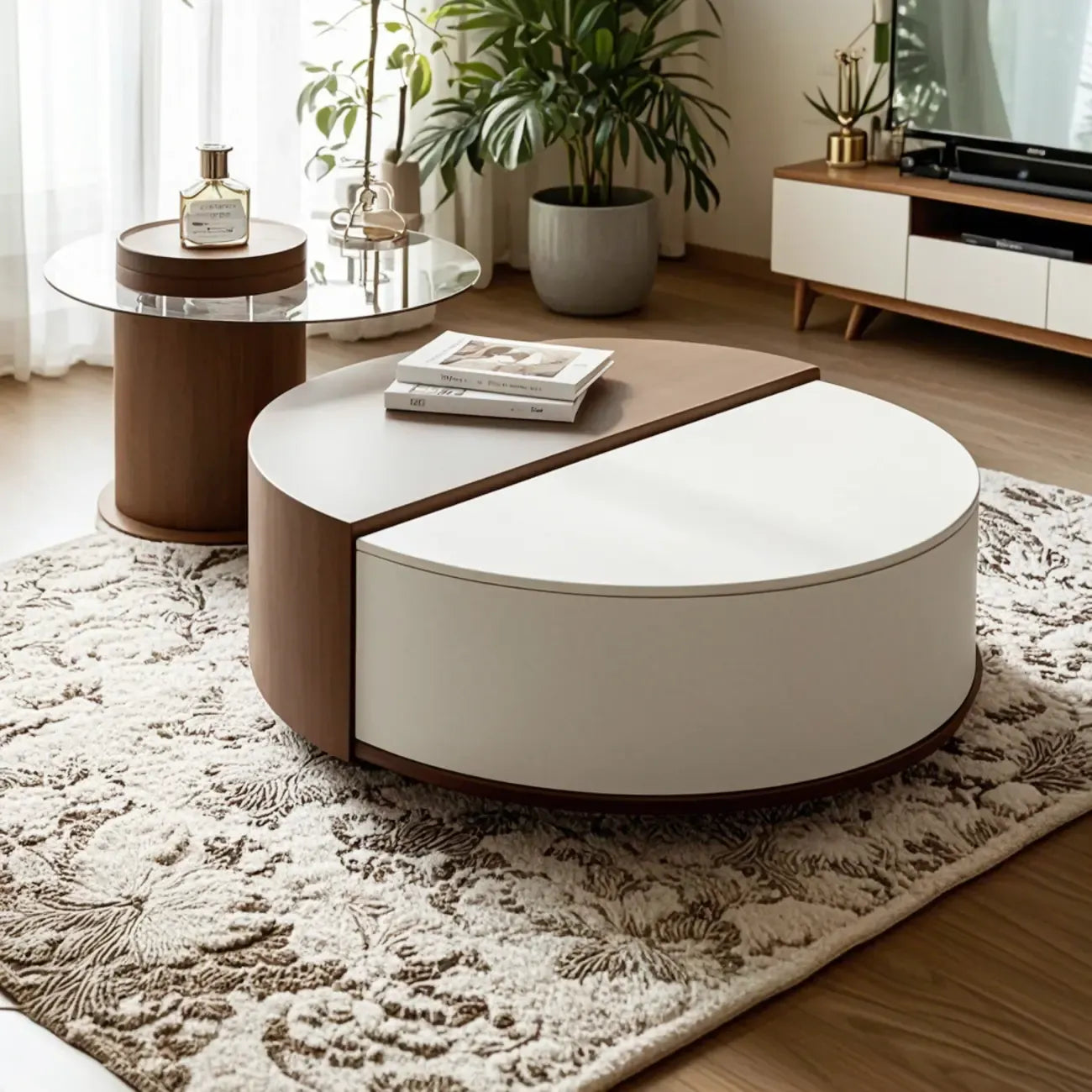 Table basse ronde élégante marron beige avec rangement
