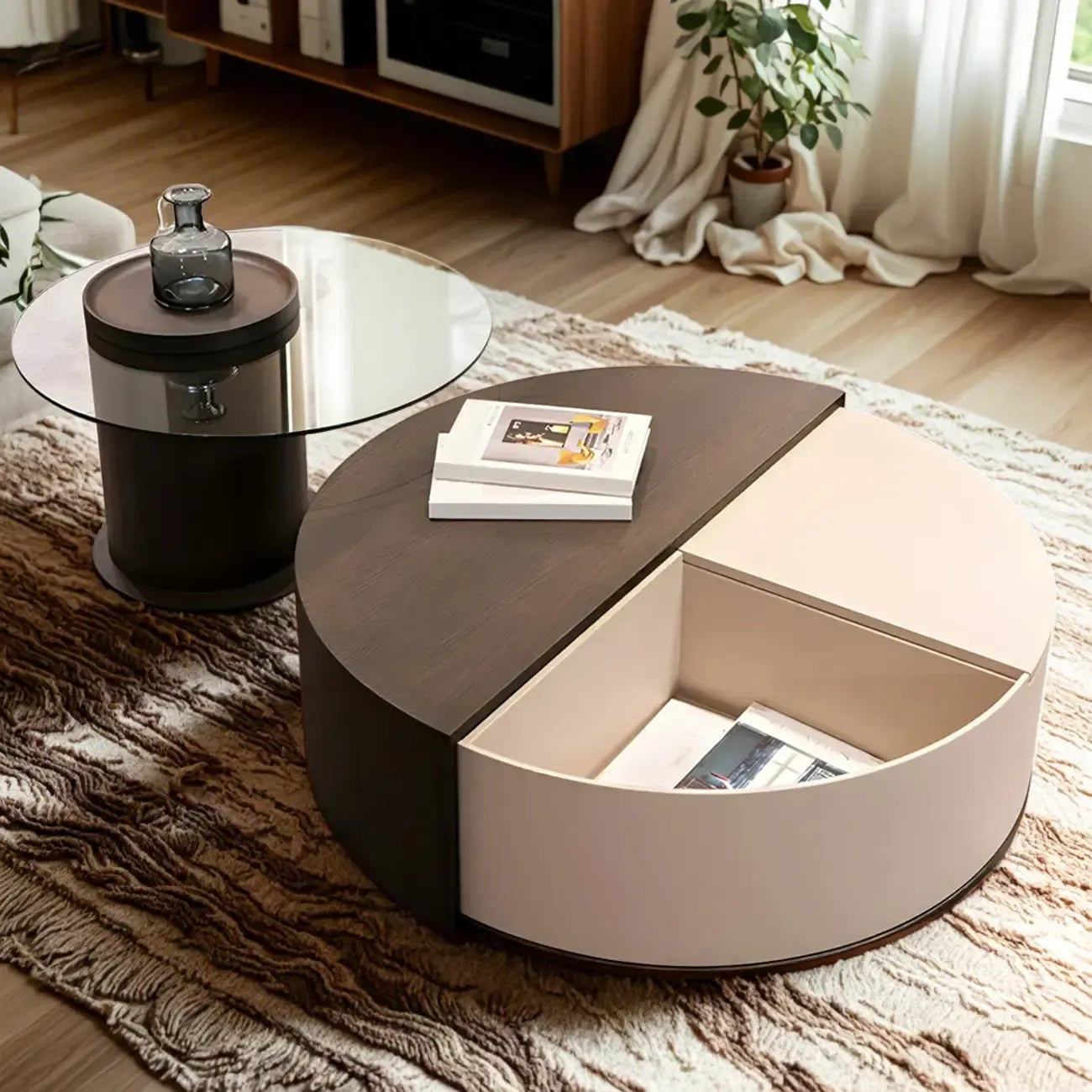 Table basse ronde élégante marron beige avec rangement
