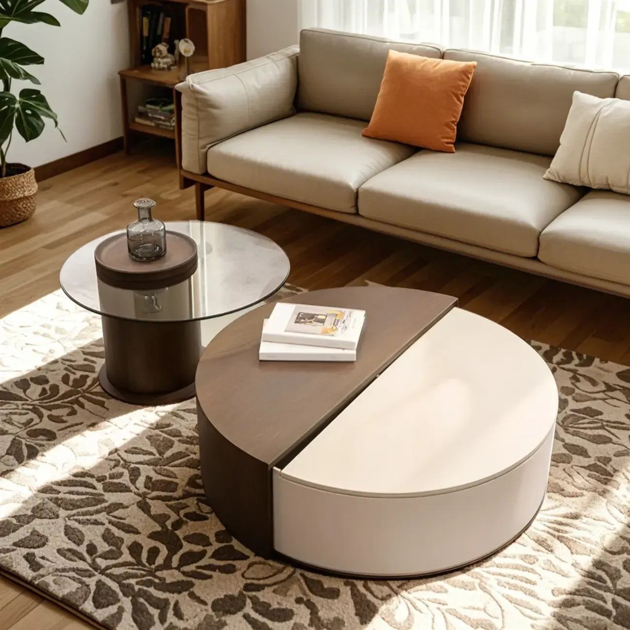 Table basse ronde élégante marron beige avec rangement