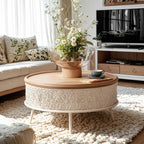 Table basse ronde en bois creux, style français, naturelle et sophistiquée