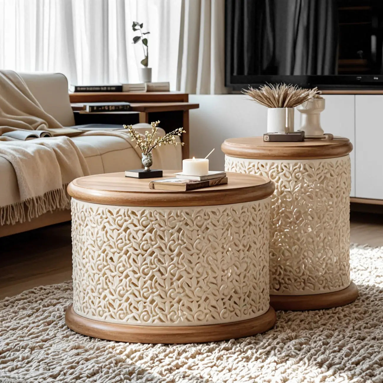 Table basse ronde en bois creux, style français, naturelle et sophistiquée