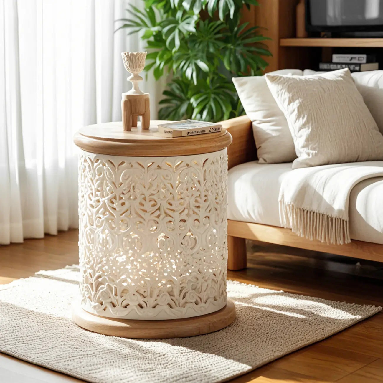 Table basse ronde en bois creux, style français, naturelle et sophistiquée