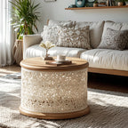 Table basse ronde en bois creux, style français, naturelle et sophistiquée