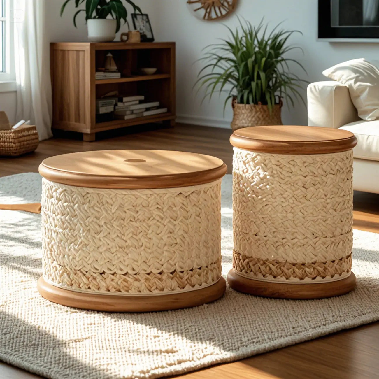 Table basse ronde en bois creux, style français, naturelle et sophistiquée