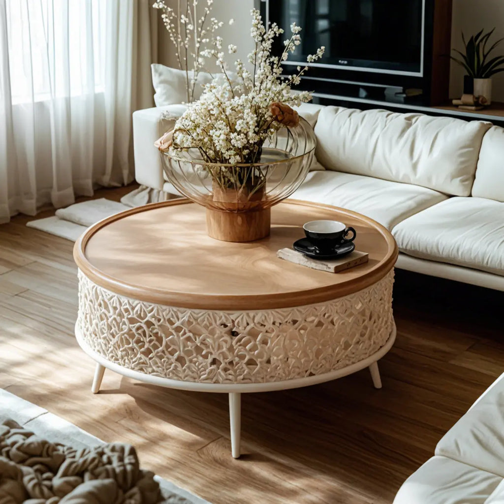 Table basse ronde en bois creux, style français, naturelle et sophistiquée