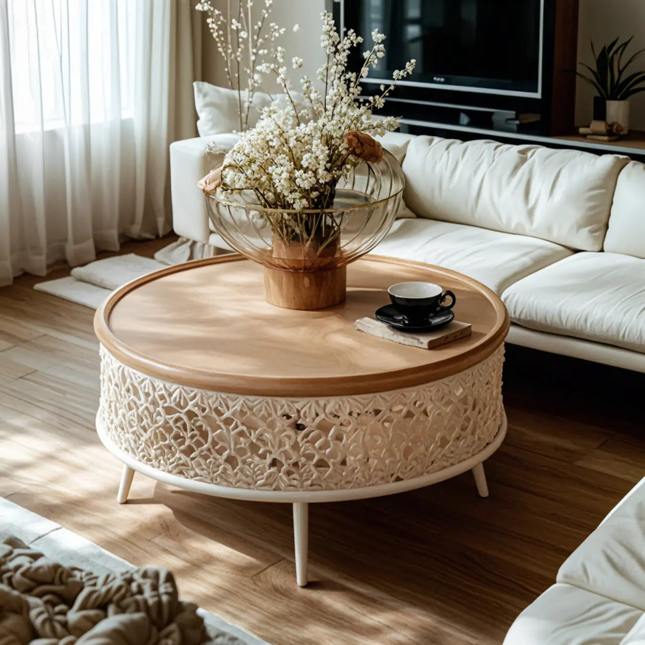 Table basse ronde en bois creux, style français, naturelle et sophistiquée