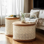 Table basse ronde en bois creux, style français, naturelle et sophistiquée
