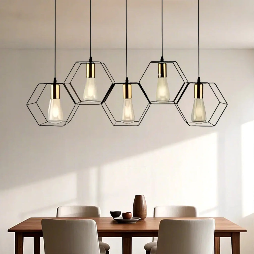 Suspension géométrique noire en métal de style industriel pour îlot de cuisine