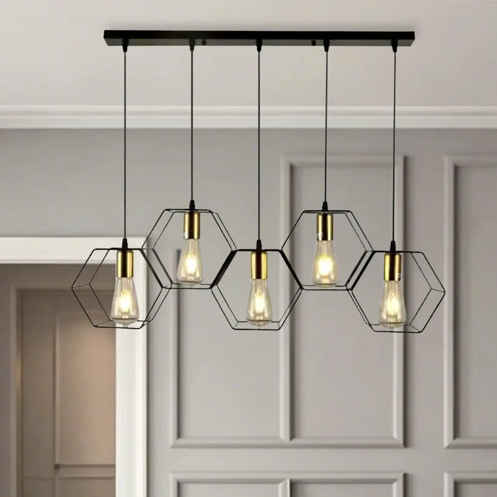 Suspension géométrique noire en métal de style industriel pour îlot de cuisine