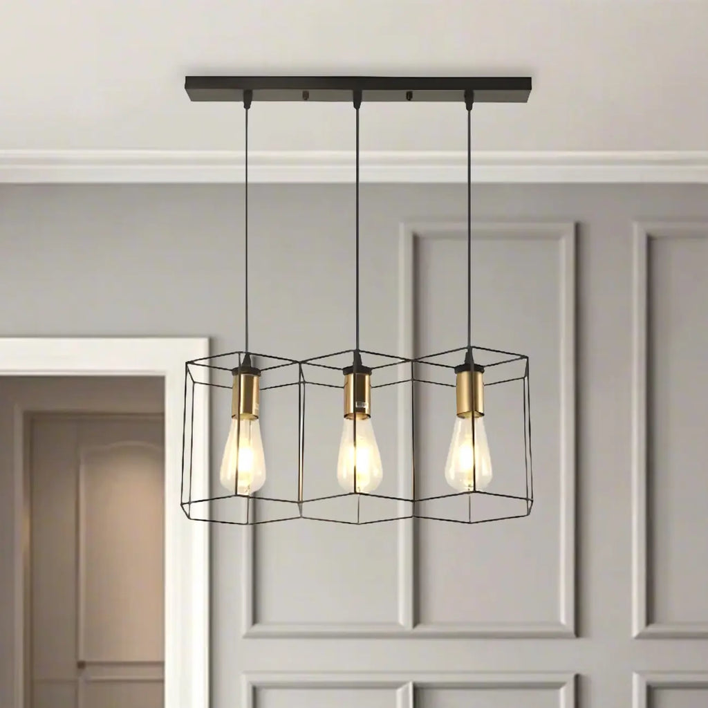 Suspension géométrique noire en métal de style industriel pour îlot de cuisine