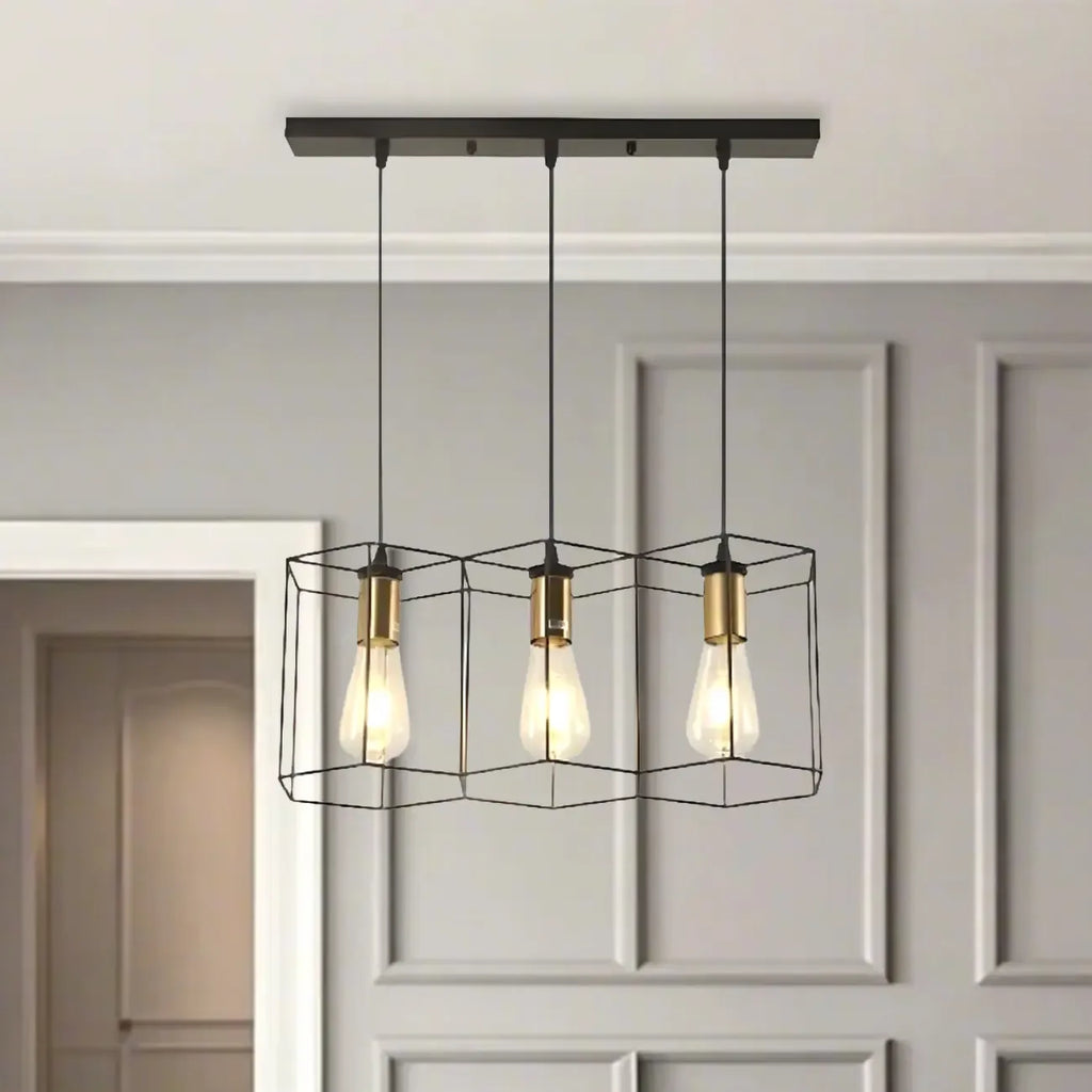 Suspension géométrique noire en métal de style industriel pour îlot de cuisine