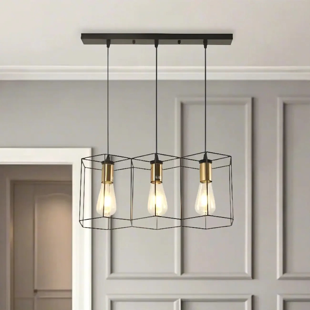 Suspension géométrique noire en métal de style industriel pour îlot de cuisine