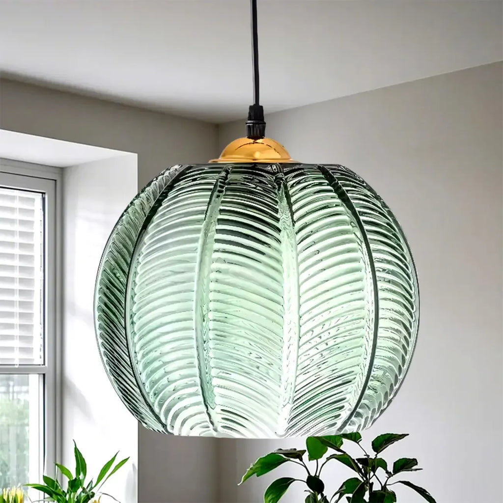 Suspension globe moderne en verre vert inspirée des feuilles