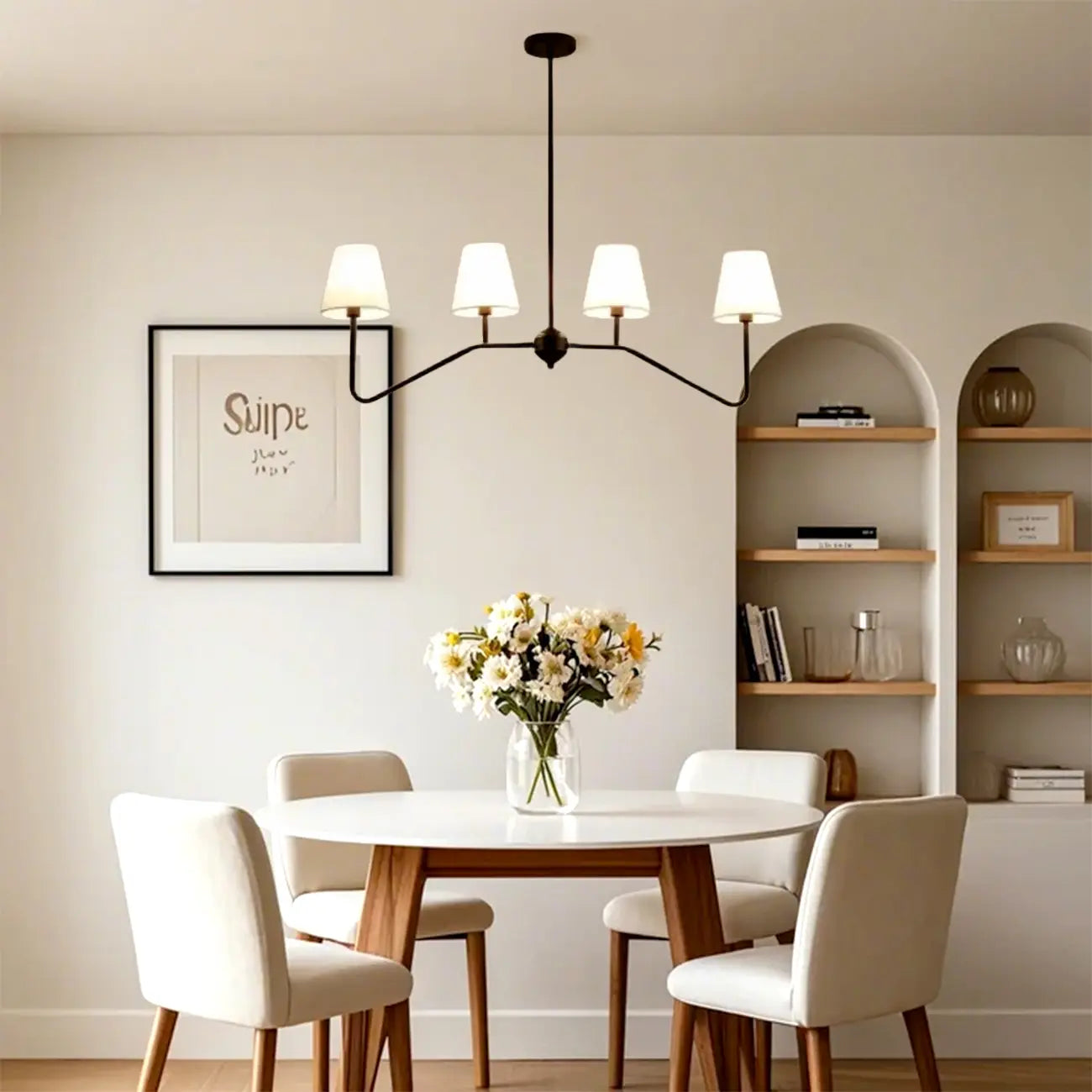 Suspension îlot en métal noir avec 4 lumières et habillage cylindrique en tissu