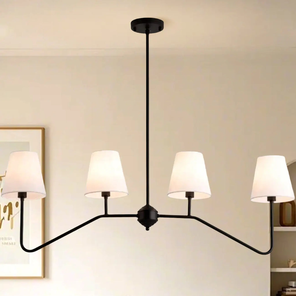 Suspension îlot en métal noir avec 4 lumières et habillage cylindrique en tissu