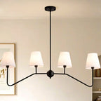 Suspension îlot en métal noir avec 4 lumières et habillage cylindrique en tissu