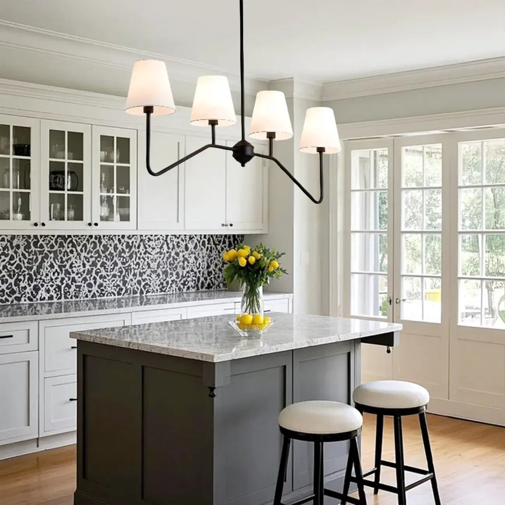 Suspension îlot en métal noir avec 4 lumières et habillage cylindrique en tissu