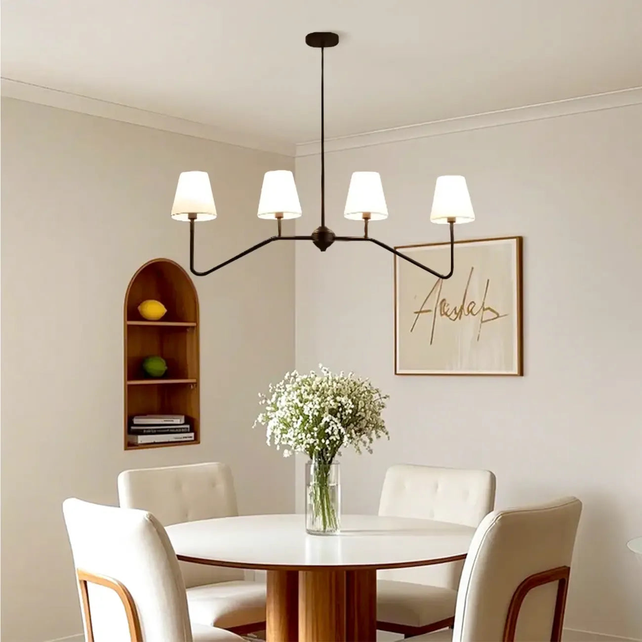 Suspension îlot en métal noir avec 4 lumières et habillage cylindrique en tissu