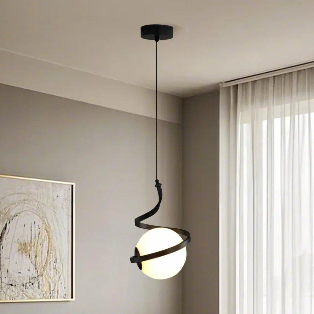 Suspension design blanche boule avec structure métallique linéaire pour chevet