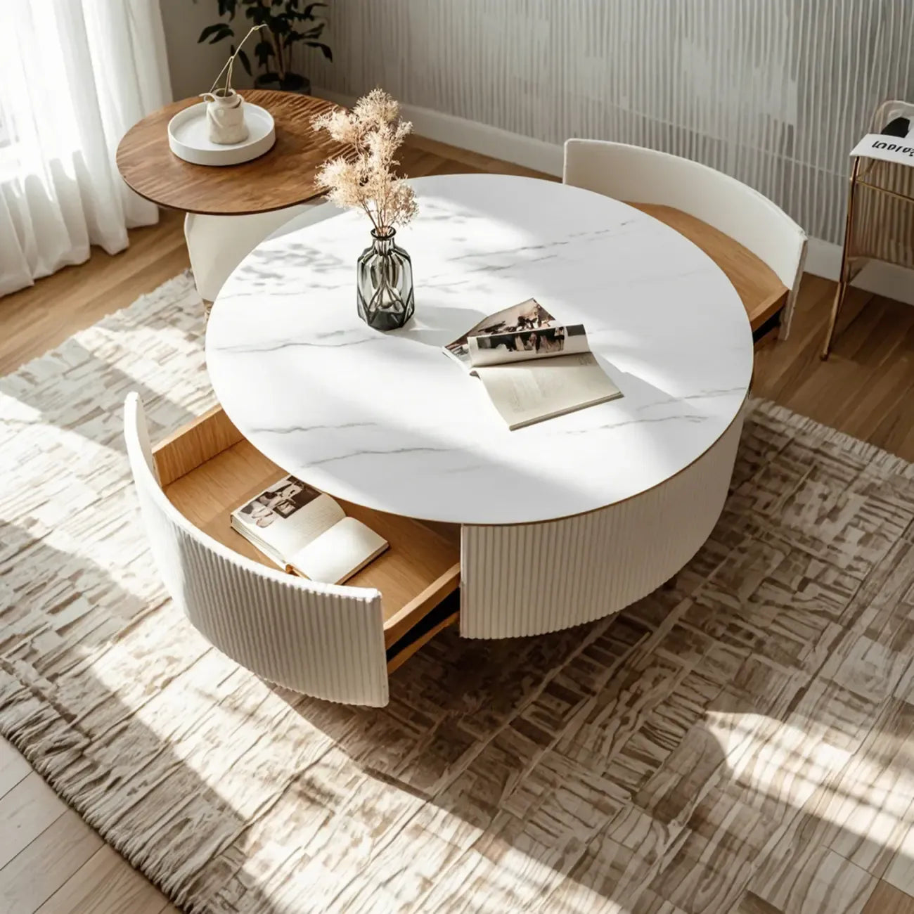 Table basse ronde en bois blanc avec tiroir relevable
