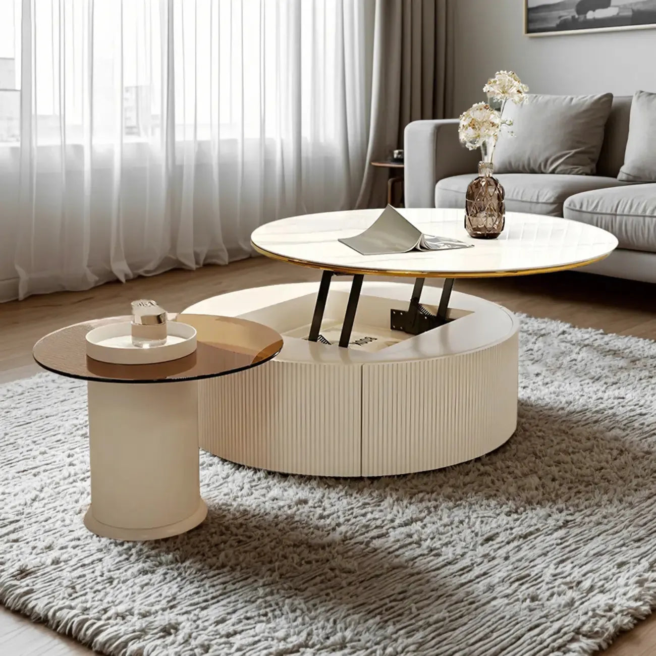Table basse ronde en bois blanc avec tiroir relevable