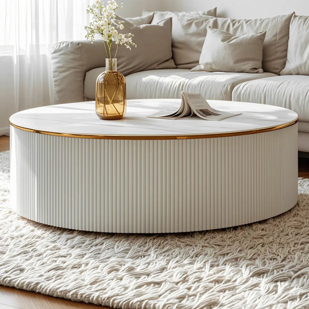 Table basse ronde en bois blanc avec tiroir relevable