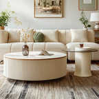 Table basse ronde en bois blanc avec tiroir relevable