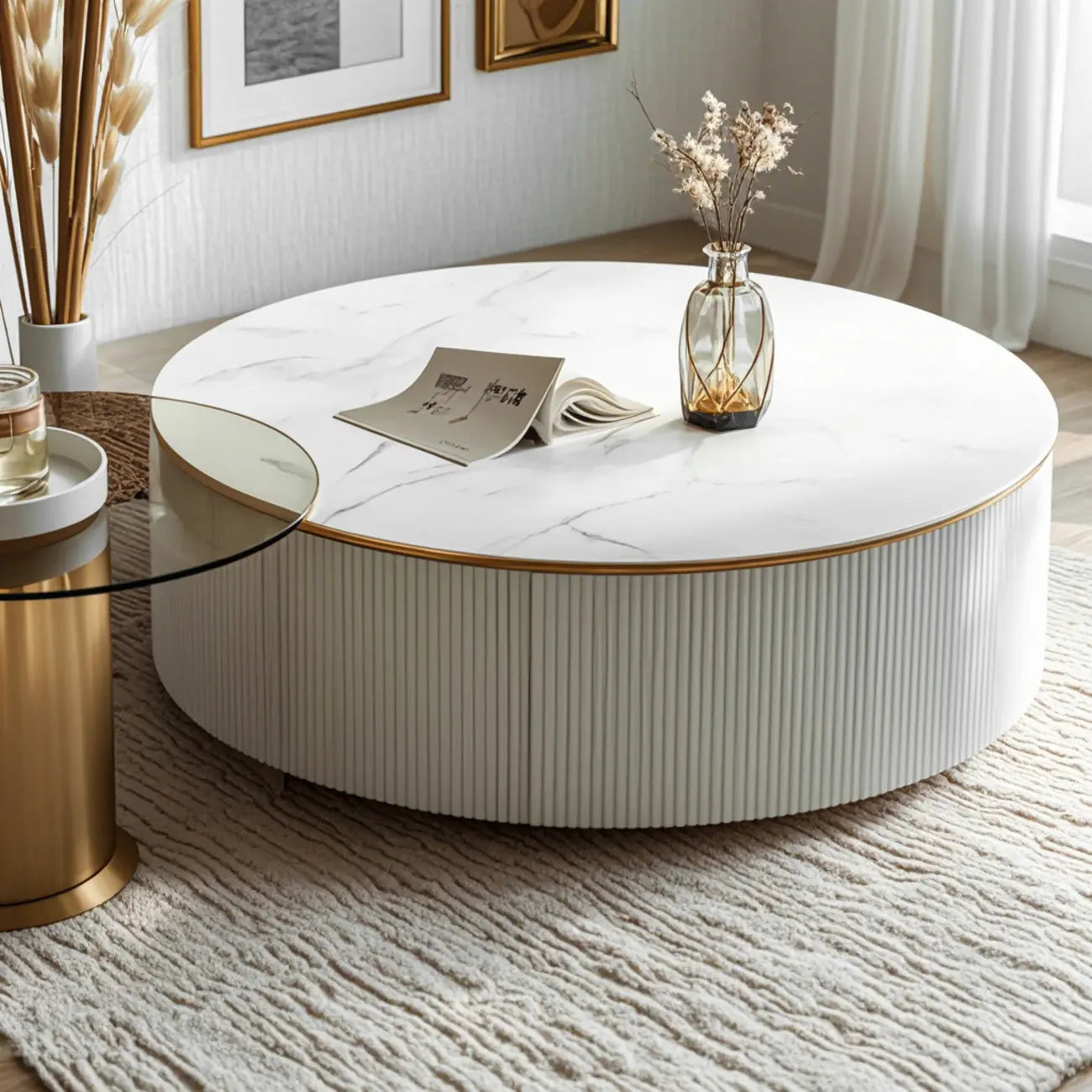 Table basse ronde en bois blanc avec tiroir relevable
