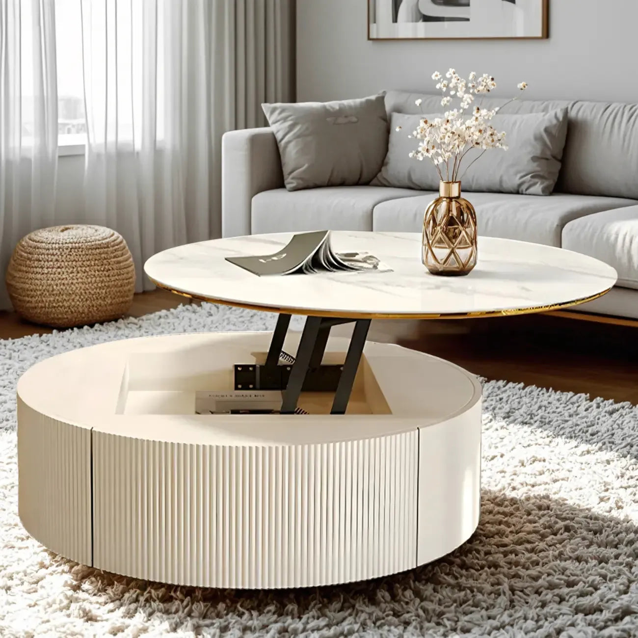 Table basse ronde en bois blanc avec tiroir relevable
