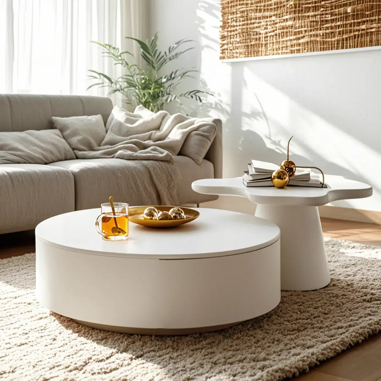Table basse moderne ronde blanche à tiroir en bois avec piédestal