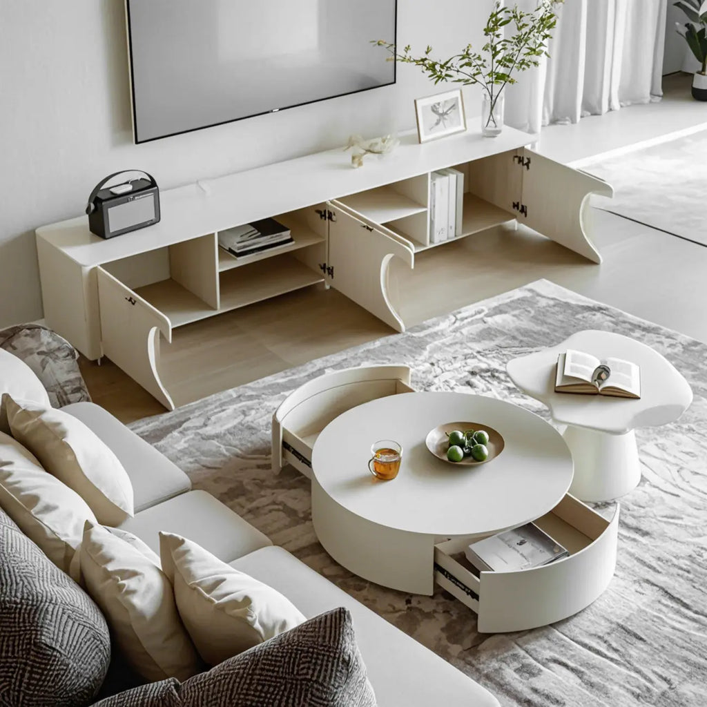 Table basse moderne ronde blanche à tiroir en bois avec piédestal