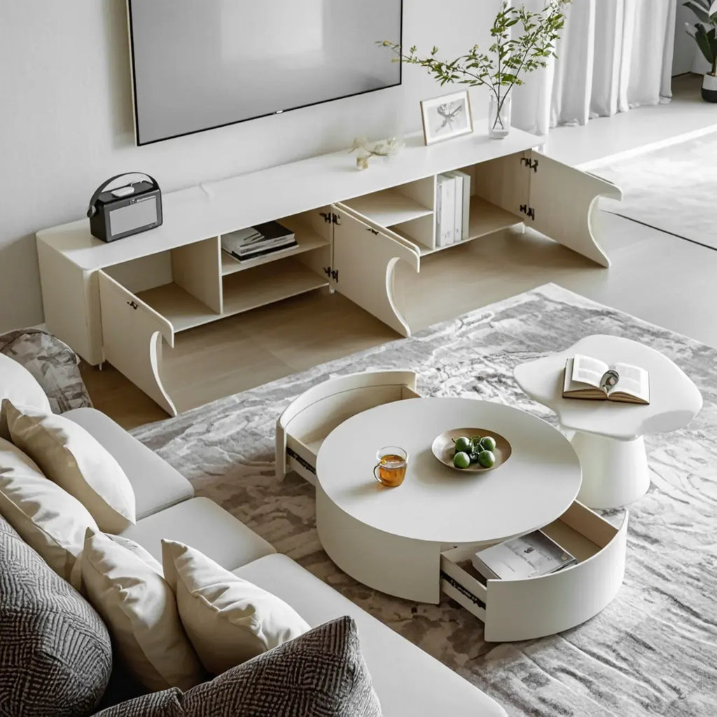 Table basse moderne ronde blanche à tiroir en bois avec piédestal