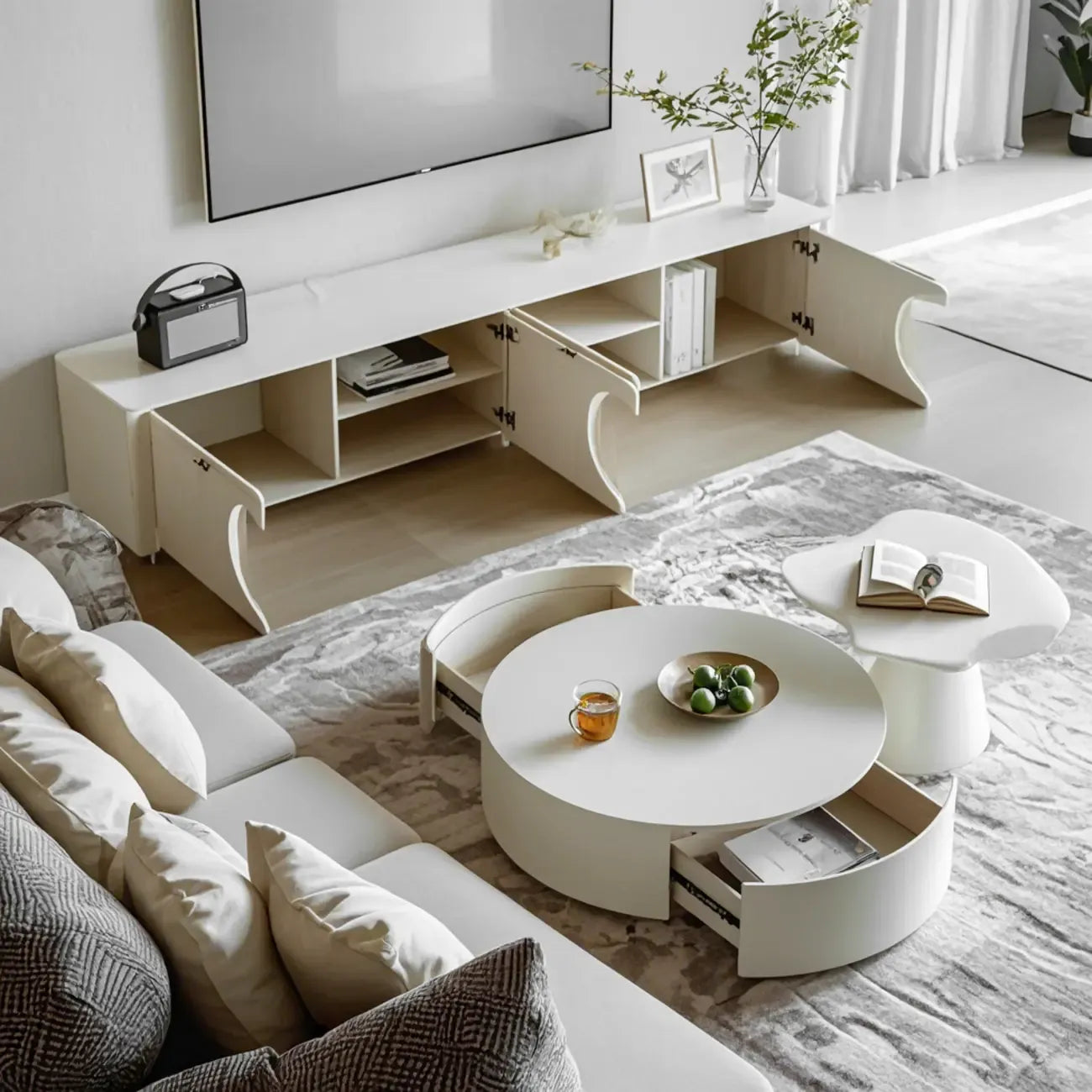 Table basse moderne ronde blanche à tiroir en bois avec piédestal