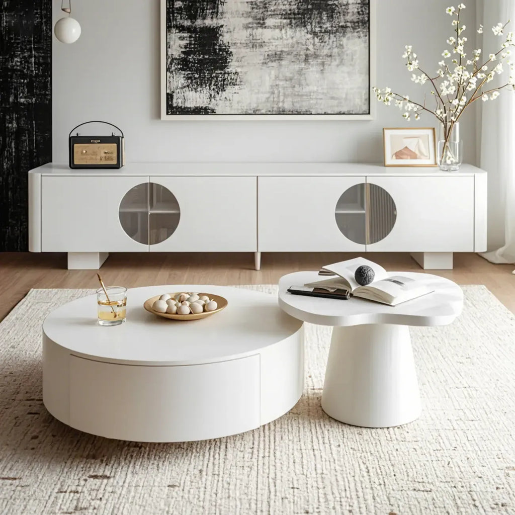 Table basse moderne ronde blanche à tiroir en bois avec piédestal
