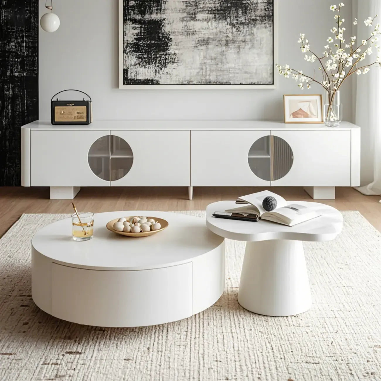 Table basse moderne ronde blanche à tiroir en bois avec piédestal