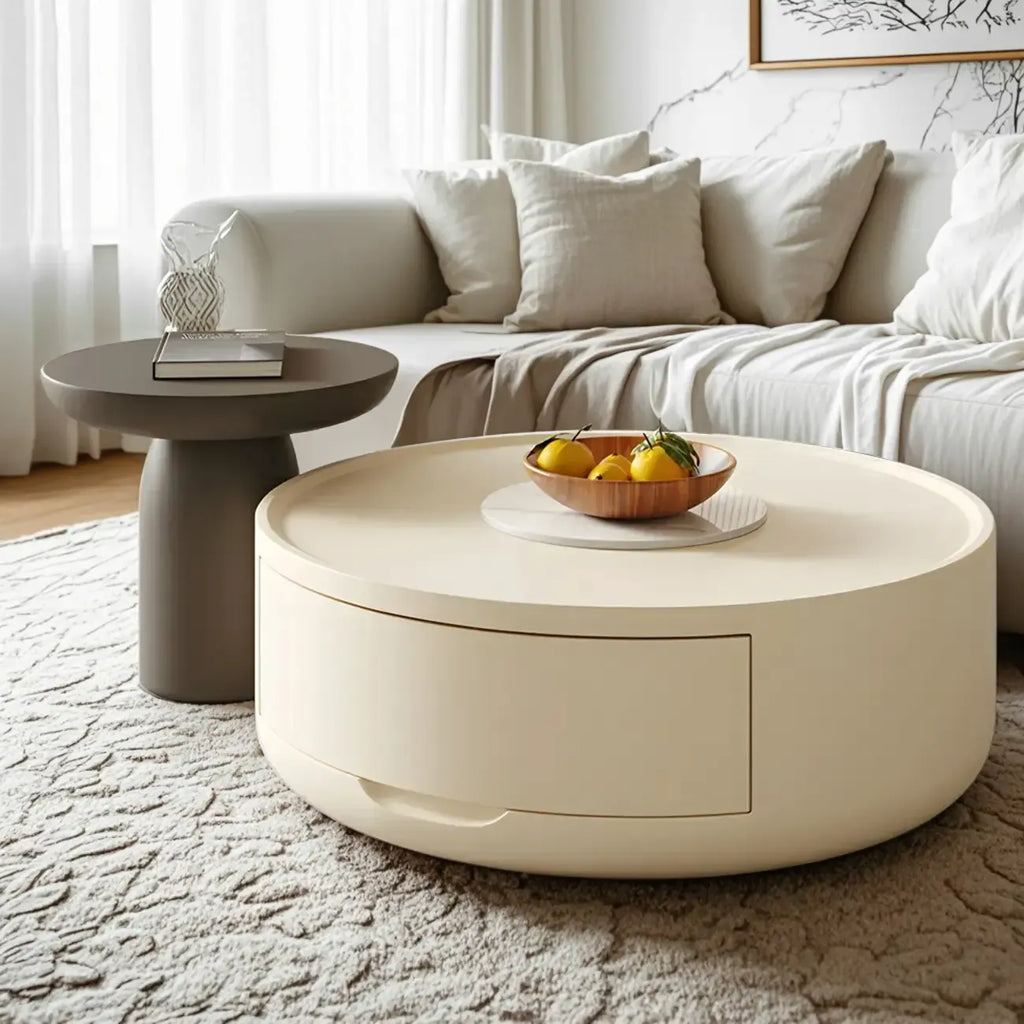 Table basse ronde et élégante en bois blanc avec tiroir