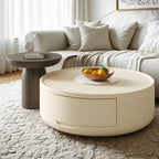 Table basse ronde et élégante en bois blanc avec tiroir
