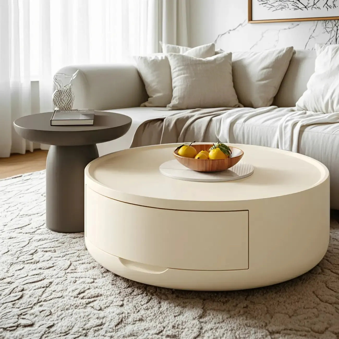 Table basse ronde et élégante en bois blanc avec tiroir