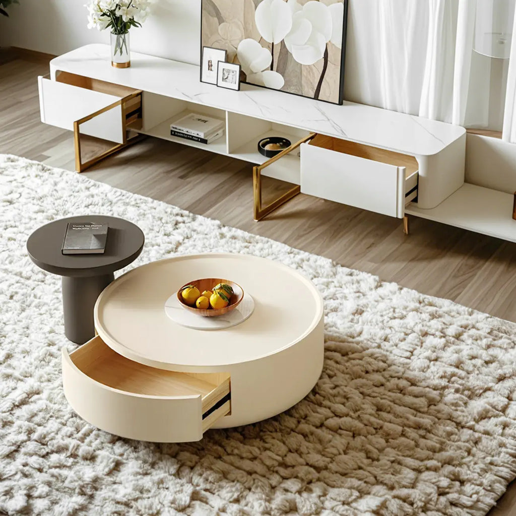 Table basse ronde et élégante en bois blanc avec tiroir