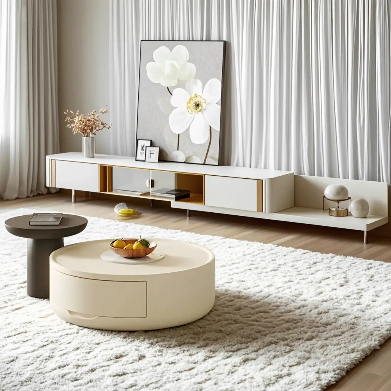 Table basse ronde et élégante en bois blanc avec tiroir