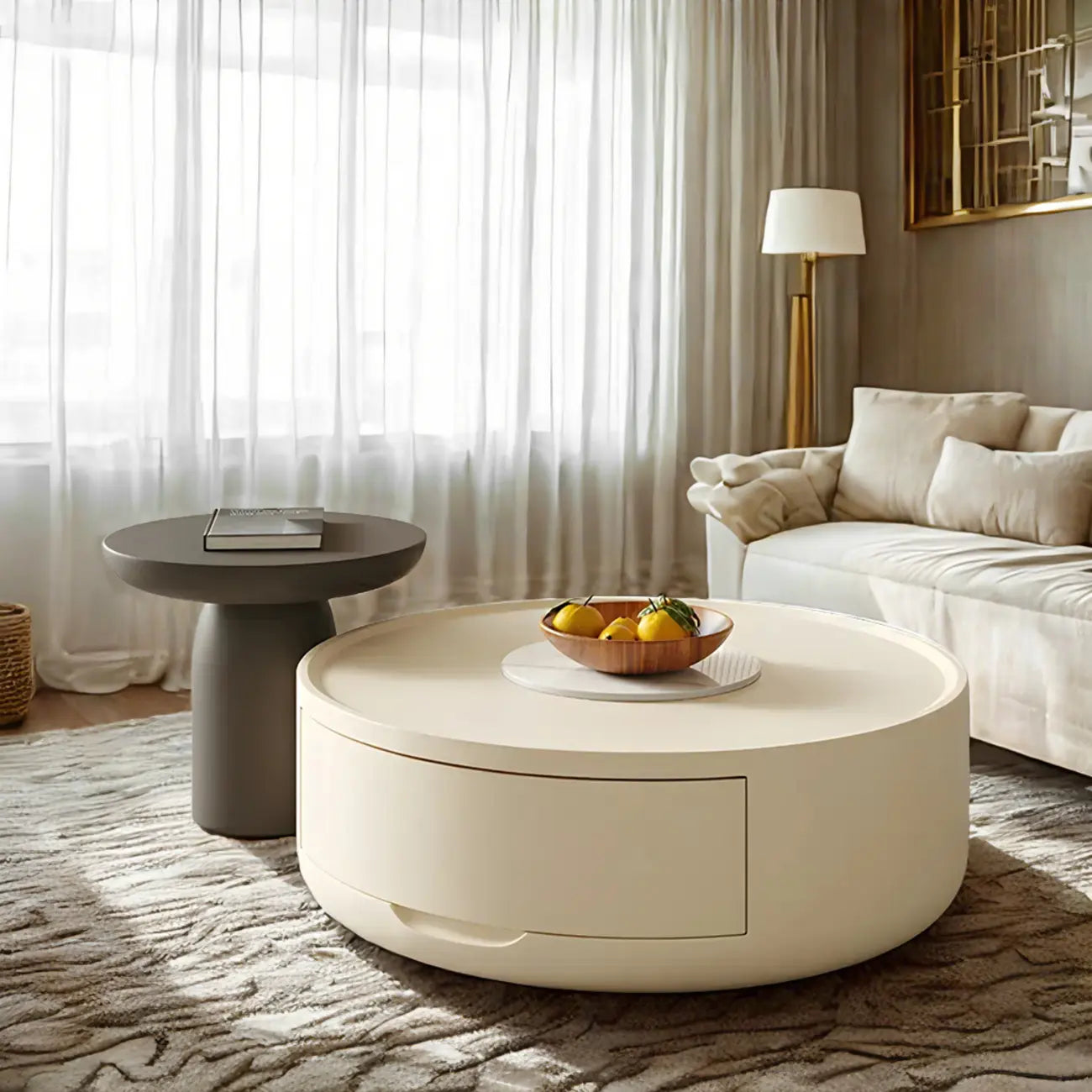 Table basse ronde et élégante en bois blanc avec tiroir