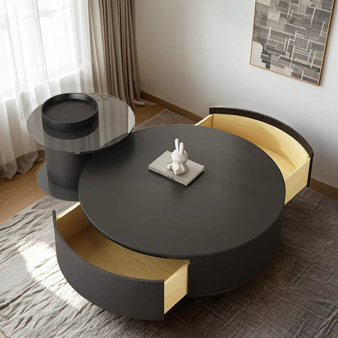 Table basse ronde gigogne en bois noir moderne et élégant