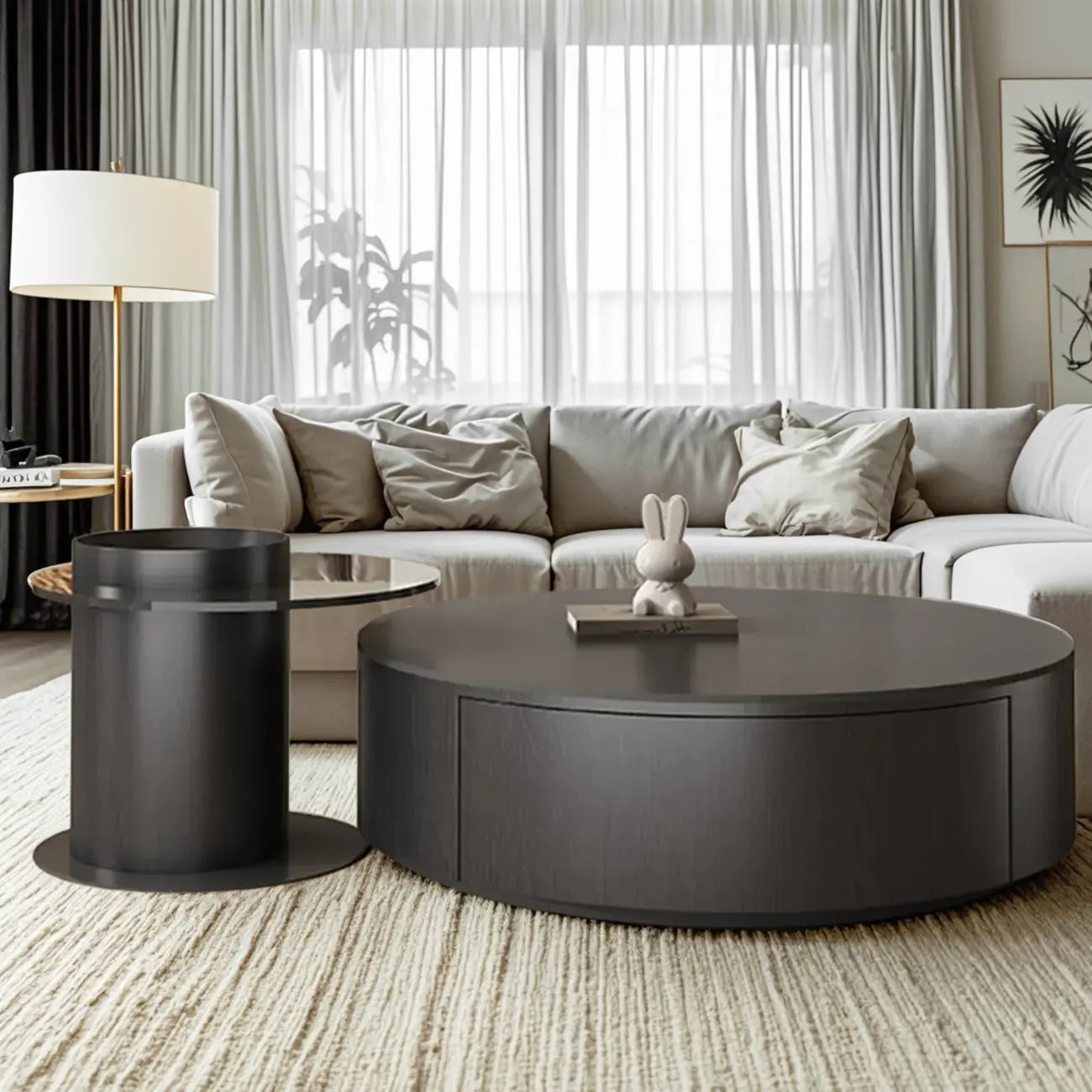 Table basse ronde gigogne en bois noir moderne et élégant
