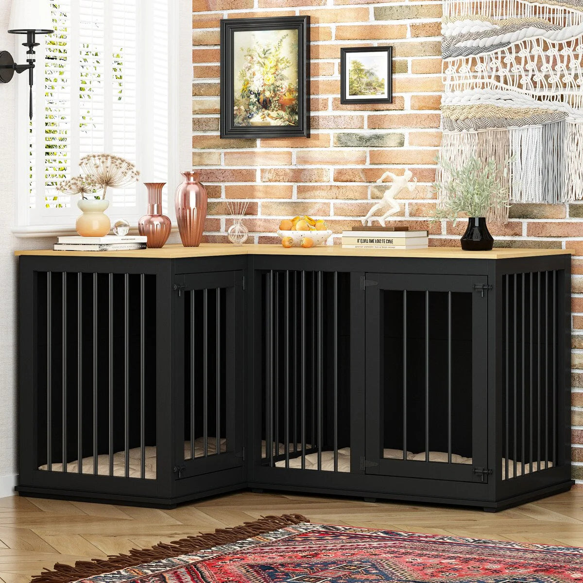 Grand meuble d'angle pour 2 chiens, cage en forme de L - 58,7 x 41,1 pouces