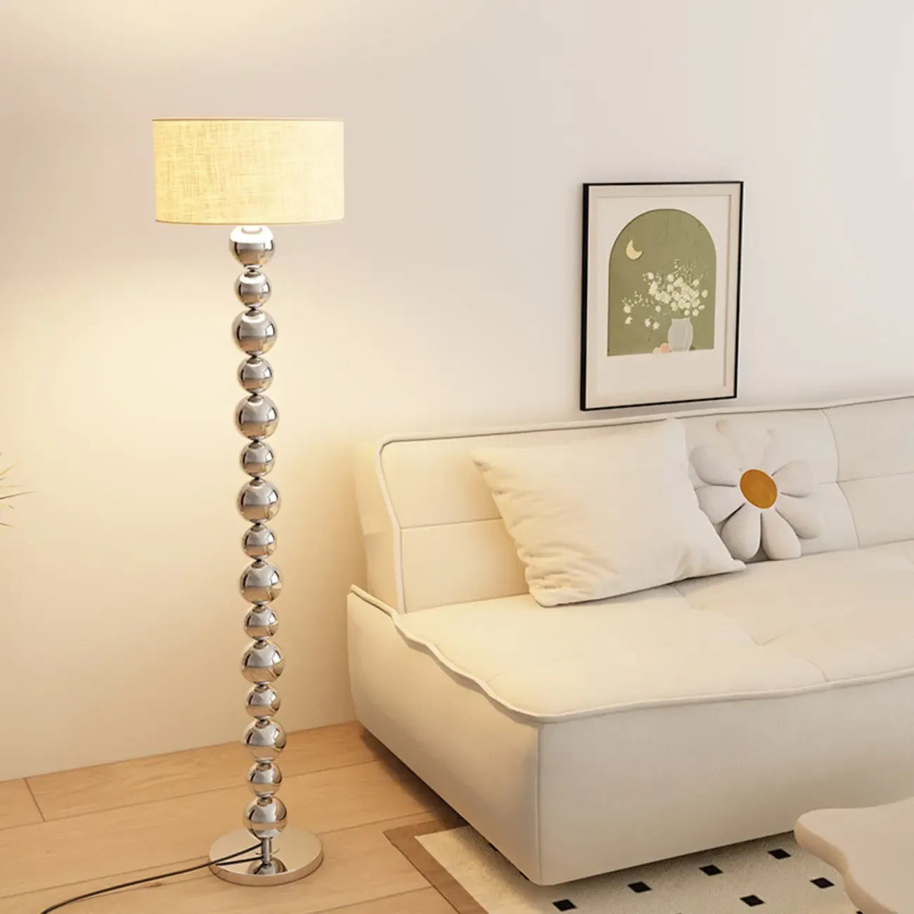 Lampadaire décoratif moderne à boules empilées avec abat-jour en tissu