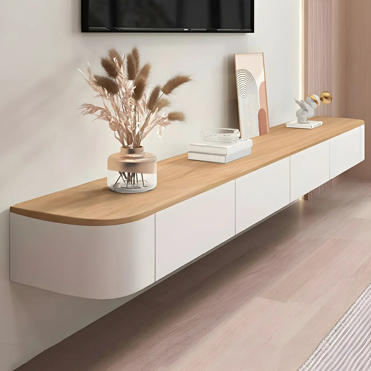 Mobile TV sospeso contemporaneo in legno bianco lungo con cassetti