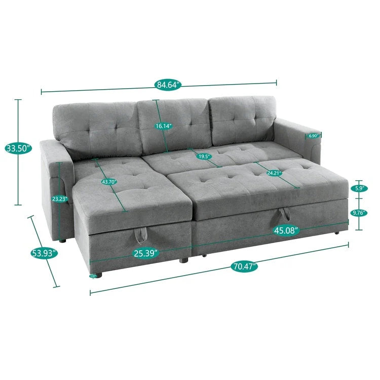 Canapé d'angle convertible et réversible avec lit gigogne, méridienne de rangement dissimulée et pieds robustes.