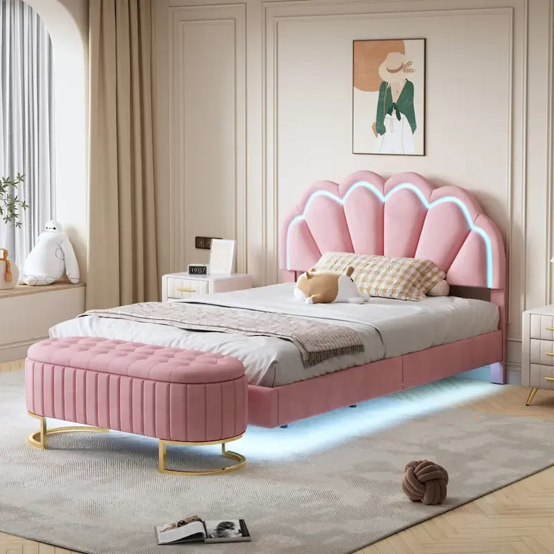 Ensemble de chambre 2 pièces avec lit plateforme LED et pouf de rangement