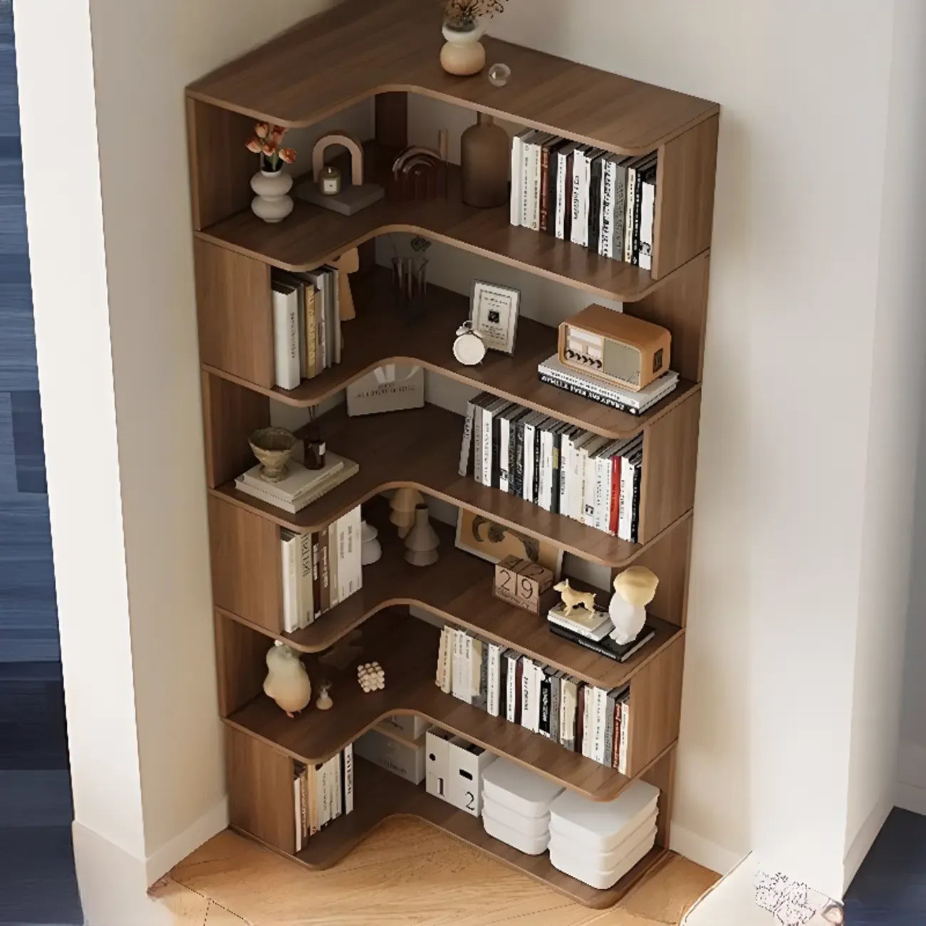 Bibliothèque d'angle en bois composite à 6 étagères